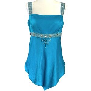 Vintage 90s Adrianna Papell Silk Beaded Aqua Blue Formal Handkerchief Top Medium